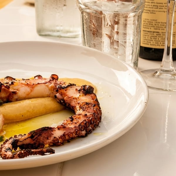 Grilled octopus with red onion salad and yellow puree on a white plate.