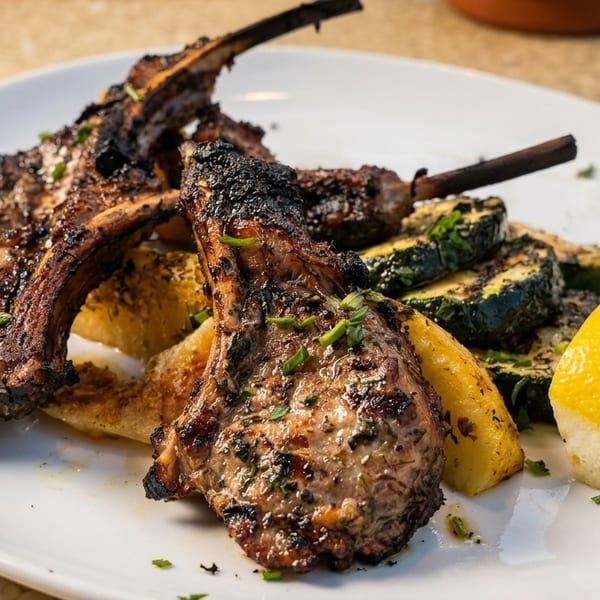 Grilled lamb chops with roasted zucchini, potatoes, and a lemon wedge on a white plate.