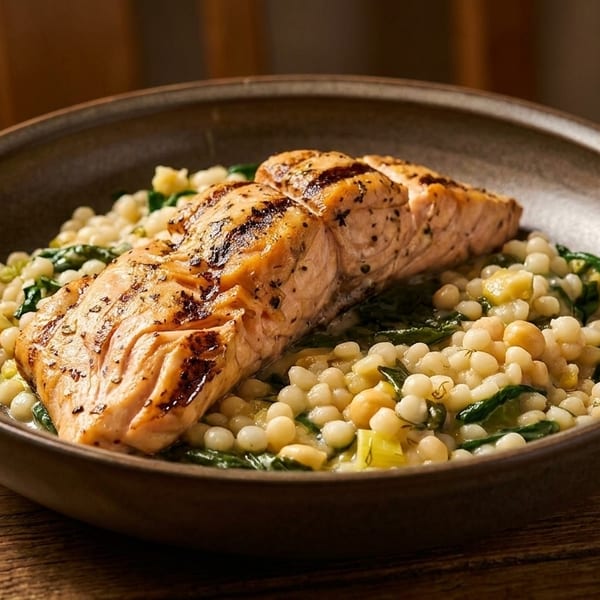 Grilled salmon fillet with couscous, spinach, and chickpeas in a dark bowl on a wooden table.